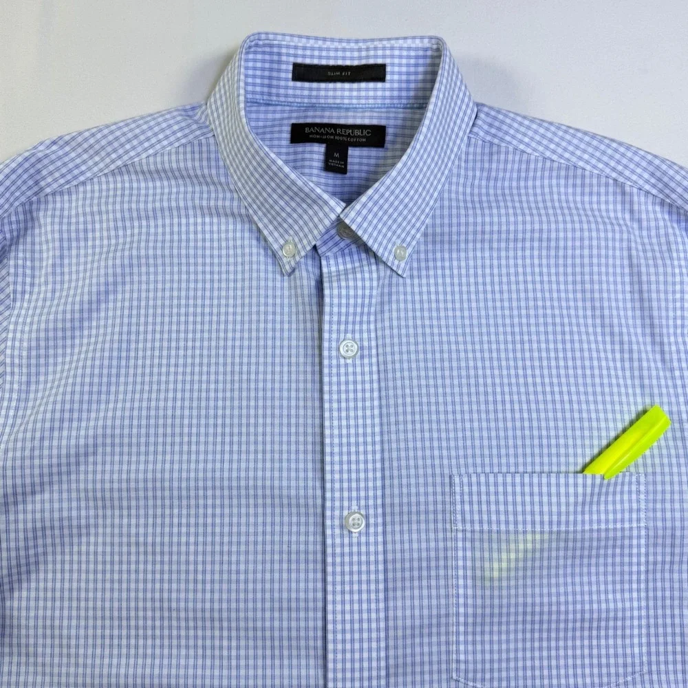 Banana Republic Mens Slim Fit Non-Iron‎ Dress Shirt Blue Gingham Check M 15-15.5